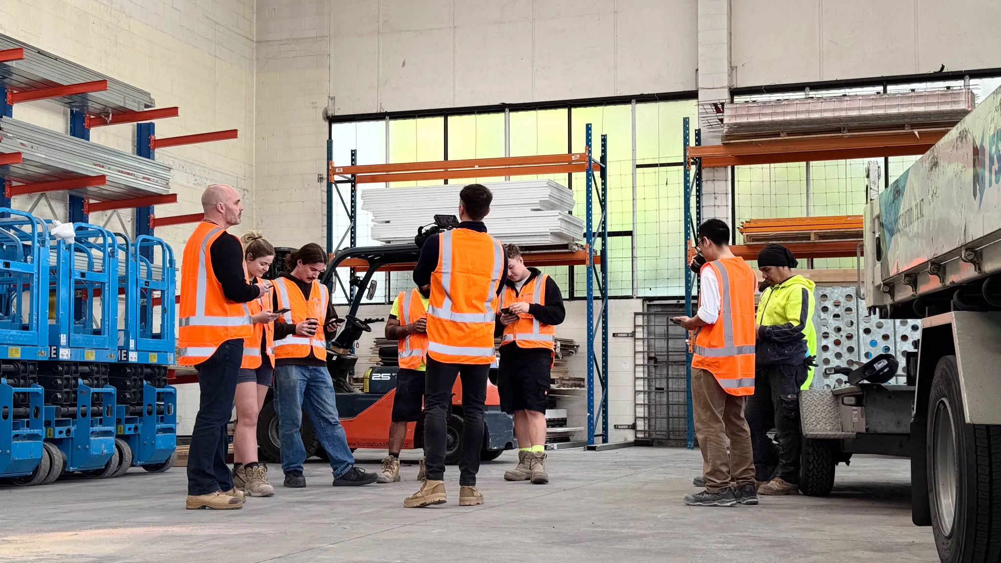 Group of construction workers wearing orange safety vests standing in an industrial warehouse near a forklift and a truck.