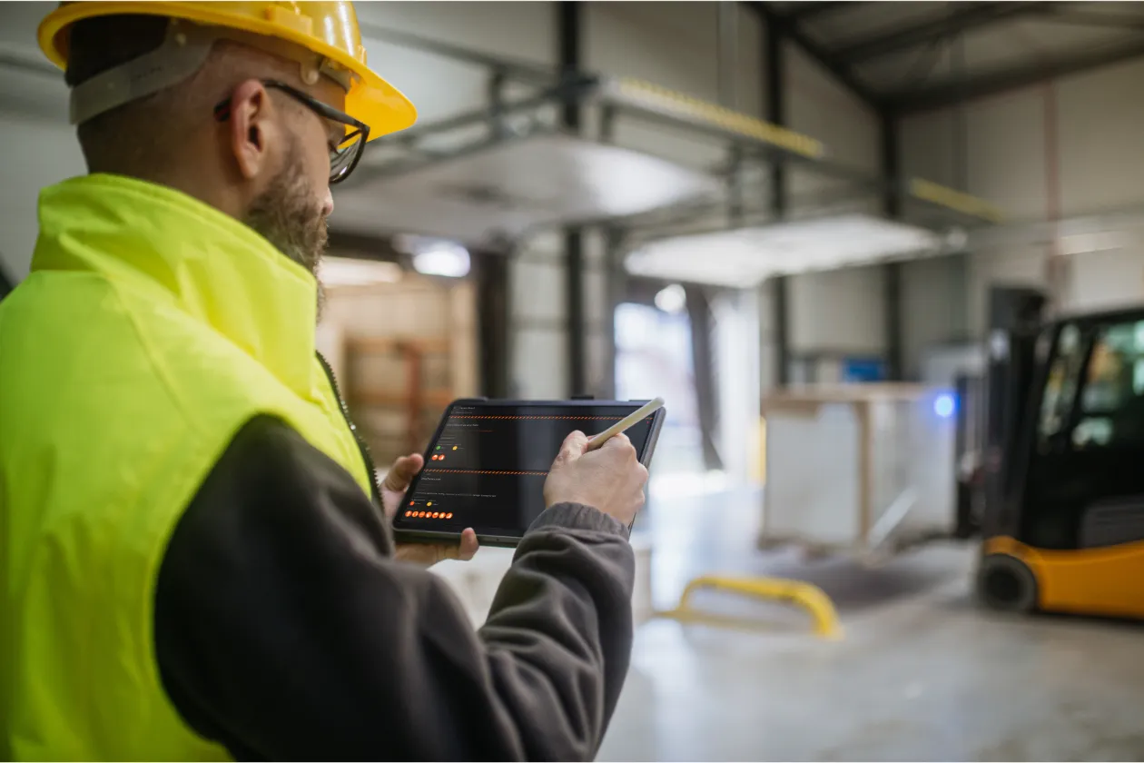 man wearing hard hat and hi vis using a tablet and stylus