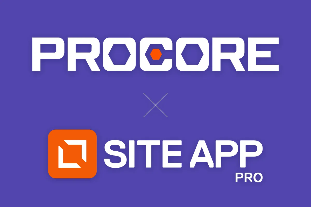 Procore logo above a white 'x', with Site App Pro logo and text on a purple background.