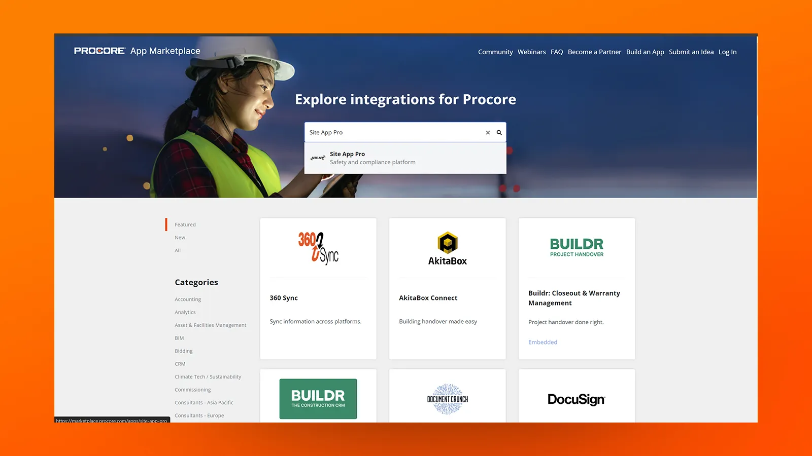 Image of Procore's app marketplace