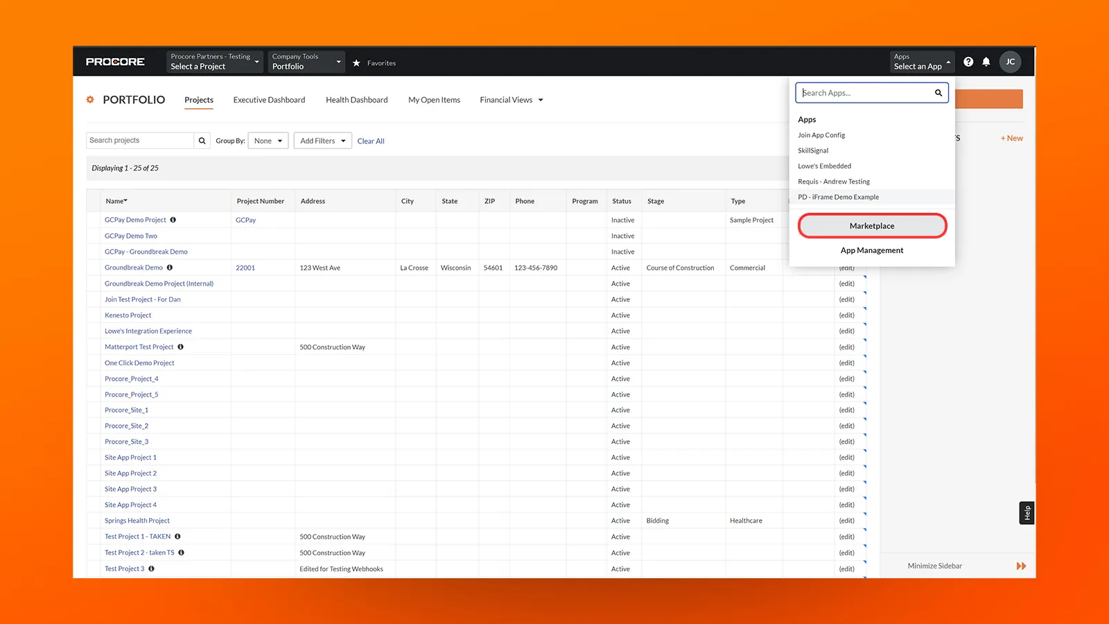 Image of Procore's projects tab, as well as the button for procores marketplace