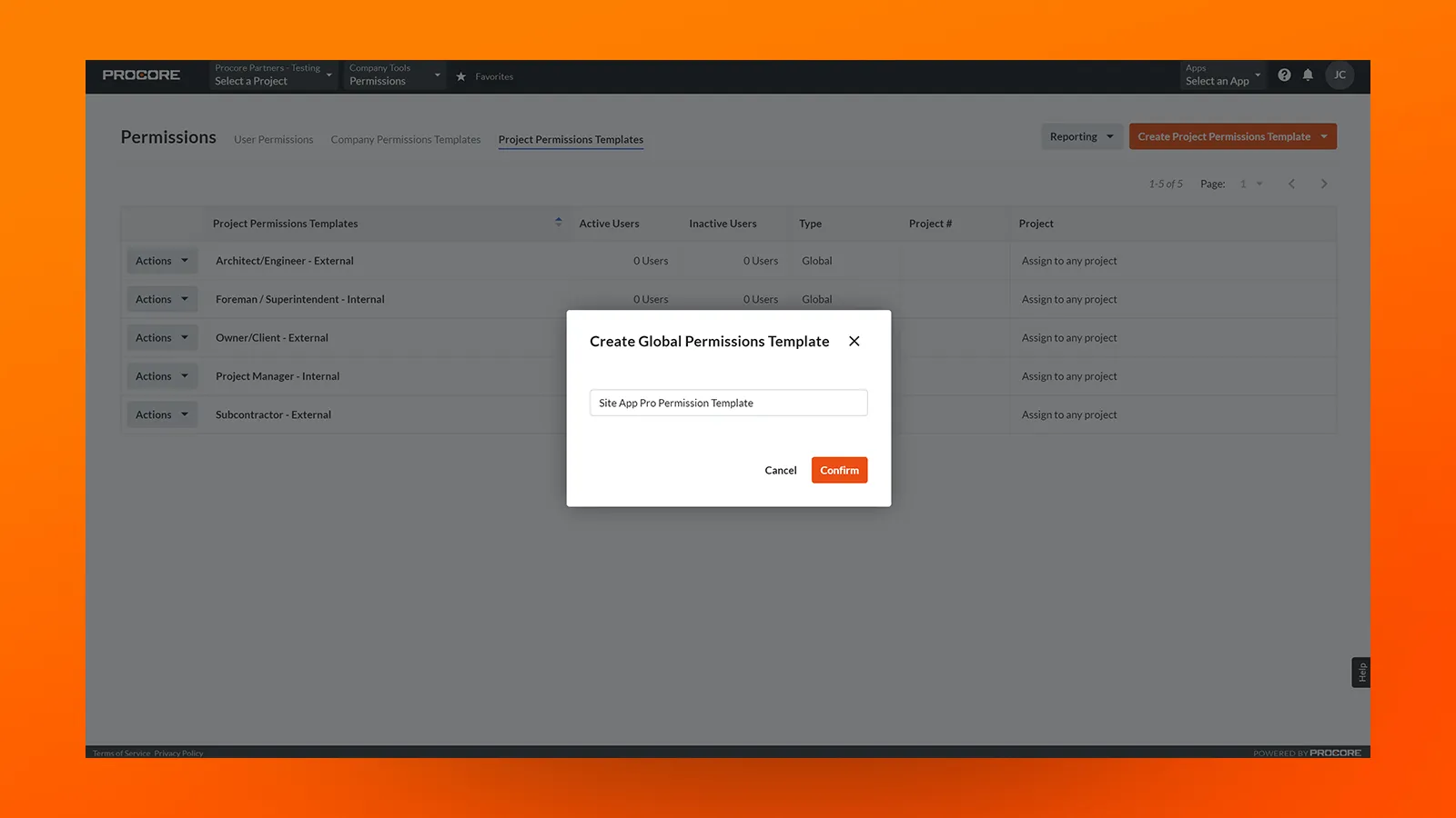 Image of the create global permissions template pop up