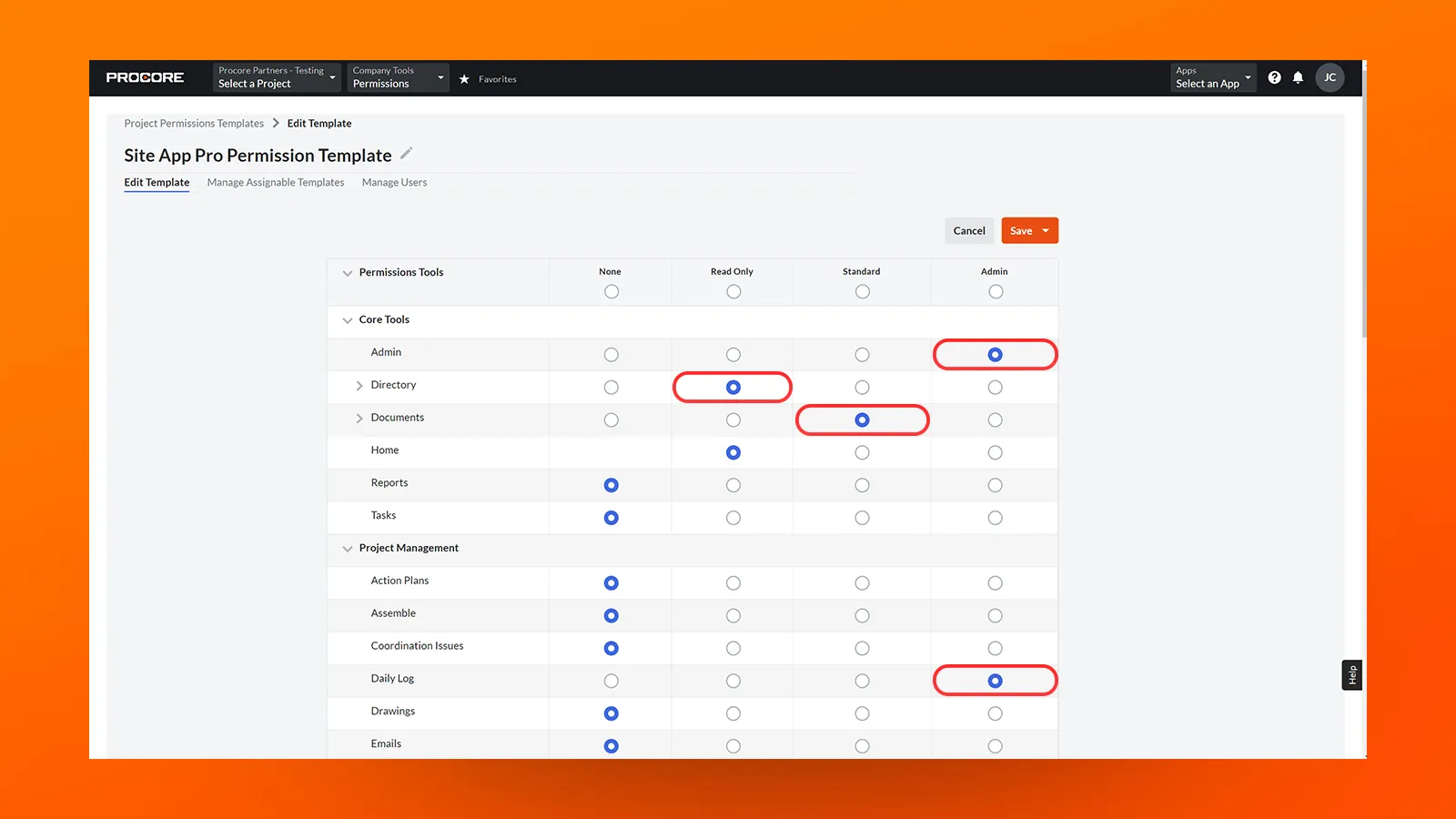 Image of Site App Pro's permission template 