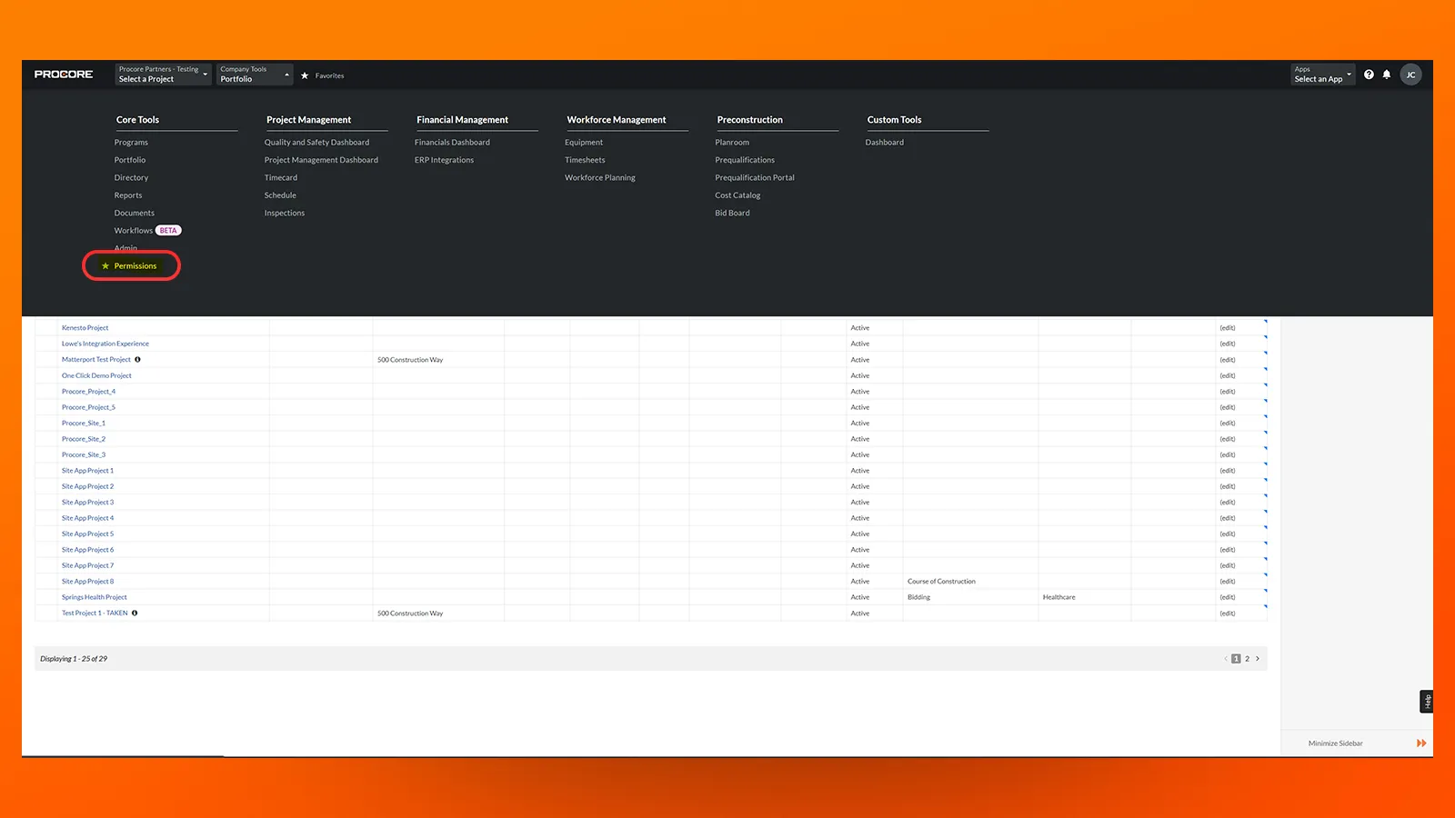 Image of Procore's menu
