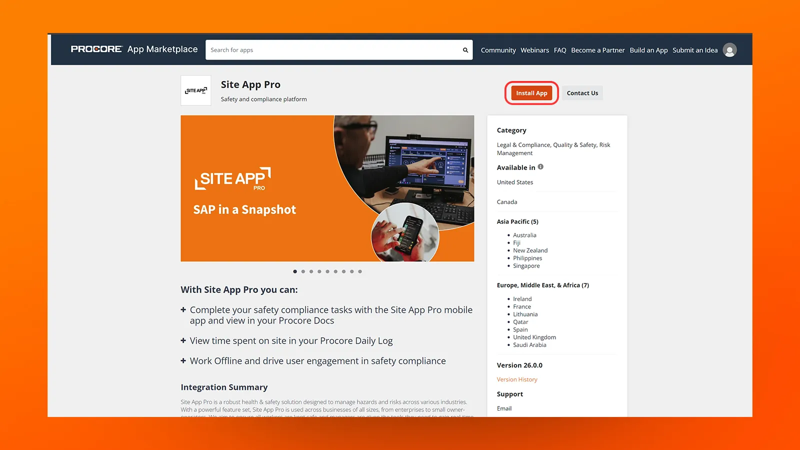 Image of Site App Pro's app features and description on Procore's app marketplace