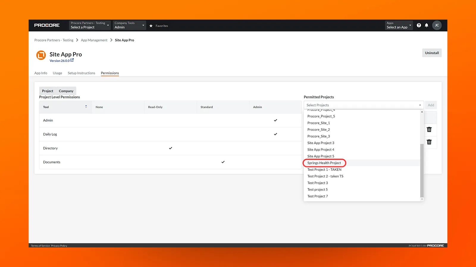 Image of Site App Pro in Procore's installed apps, app management