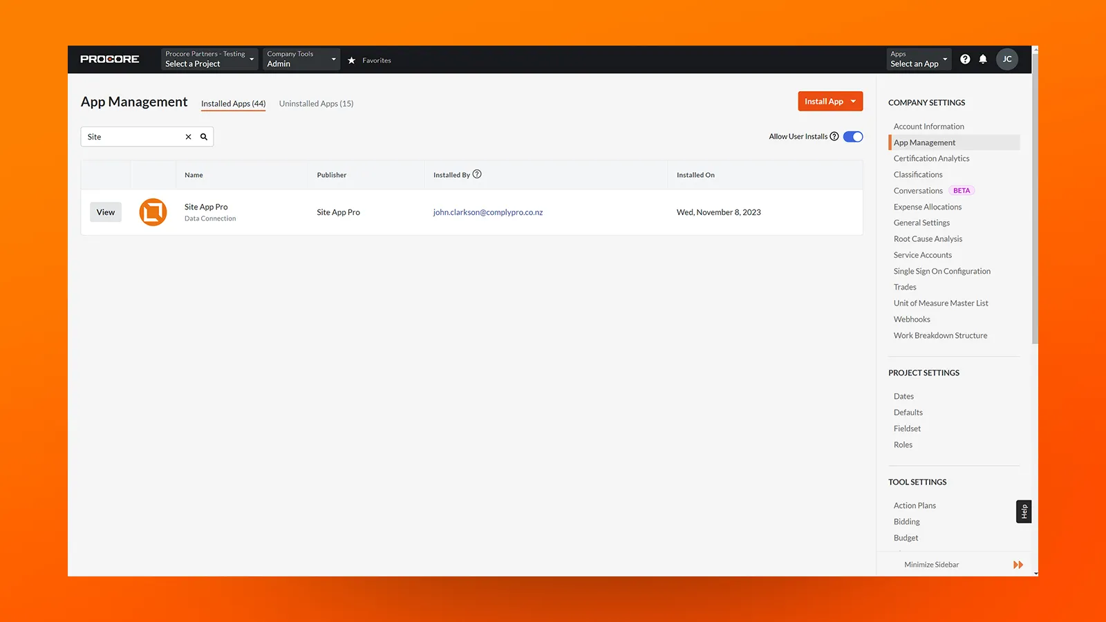 Image of installed app's in Procore's app management