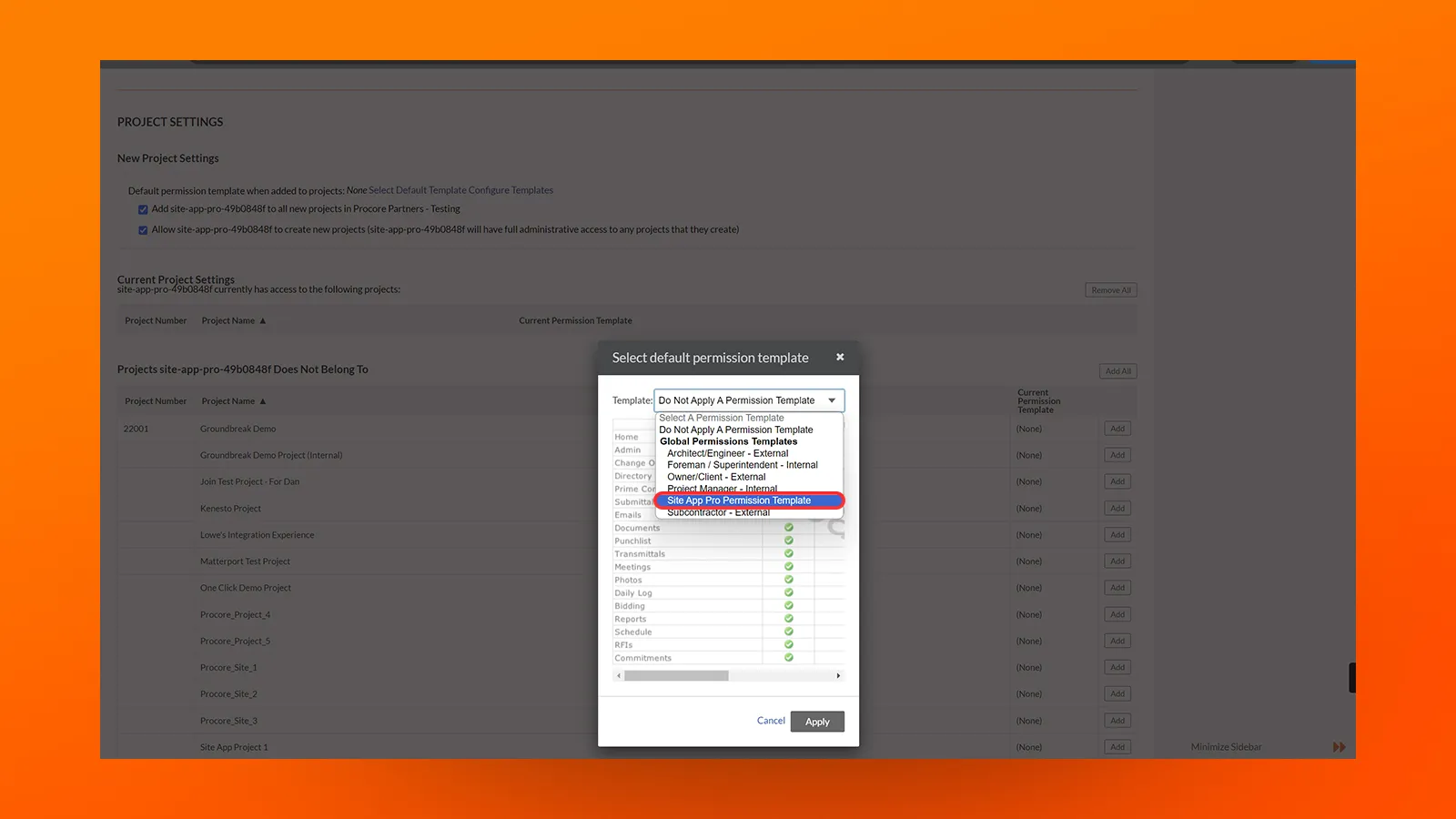 Image of the select template pop up