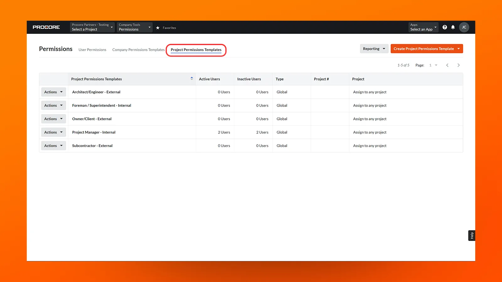 Image of Procore's project permissions template