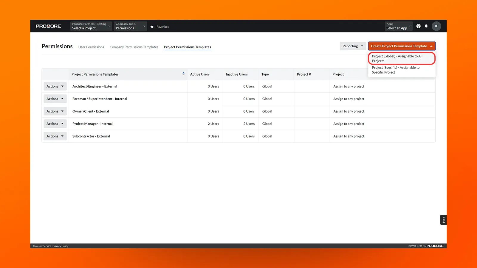 Image of Procore's project permissions template when the create project permissions button is selected 