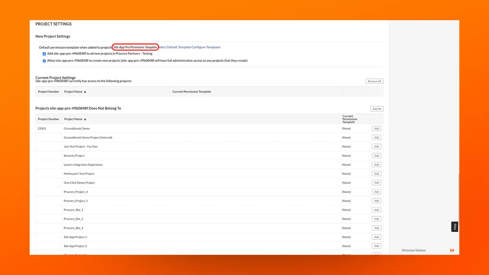 Image of project settings