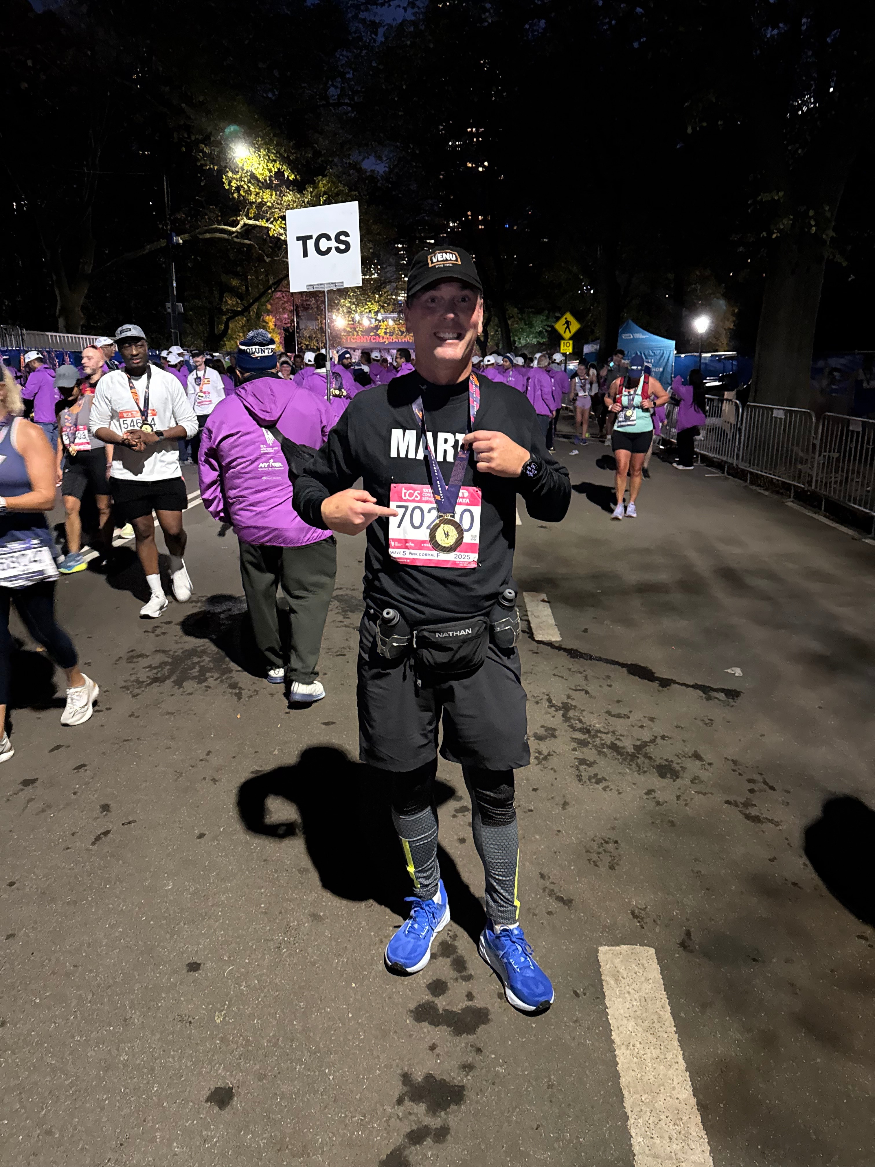Martin Sumichrast celebrating after finishing the TCS New York City Marathon