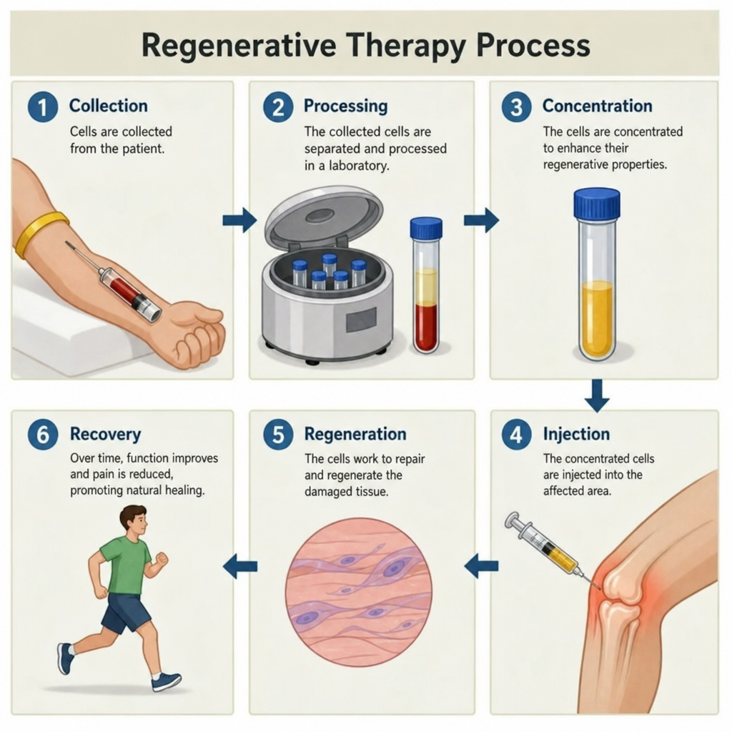 Diagram of the six-step regenerative therapy process: cell collection, processing, concentration, injection, regeneration, and recovery