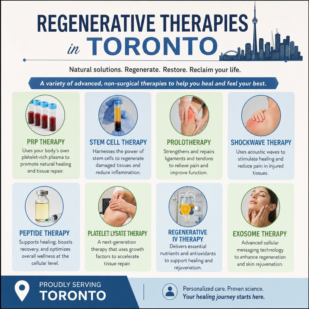 Infographic of regenerative therapies offered in Toronto, including PRP, stem cell, prolotherapy, shockwave, peptide, platelet lysate, regenerative IV, and exosome therapy