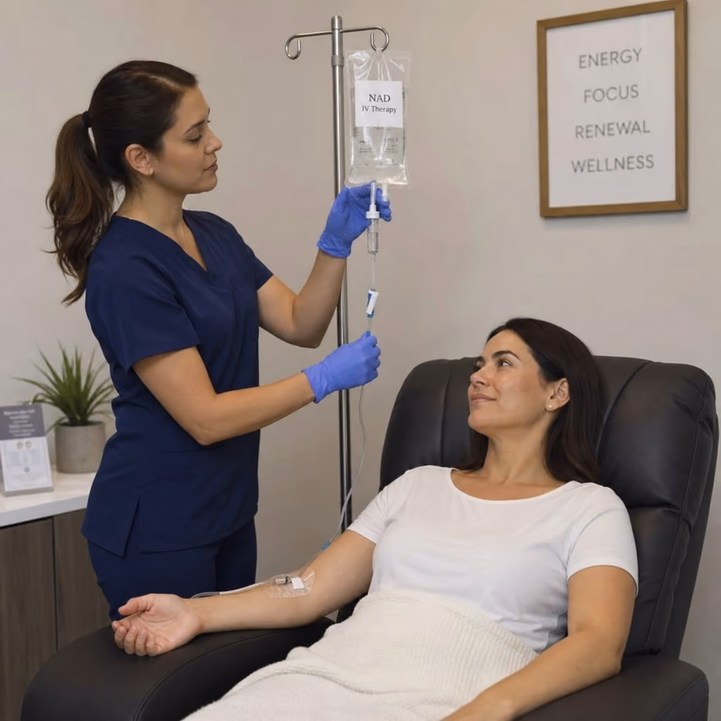 A nurse administering NAD IV therapy to a relaxed woman seated in a treatment chair, with an 'Energy, Focus, Renewal, Wellness' sign on the wall