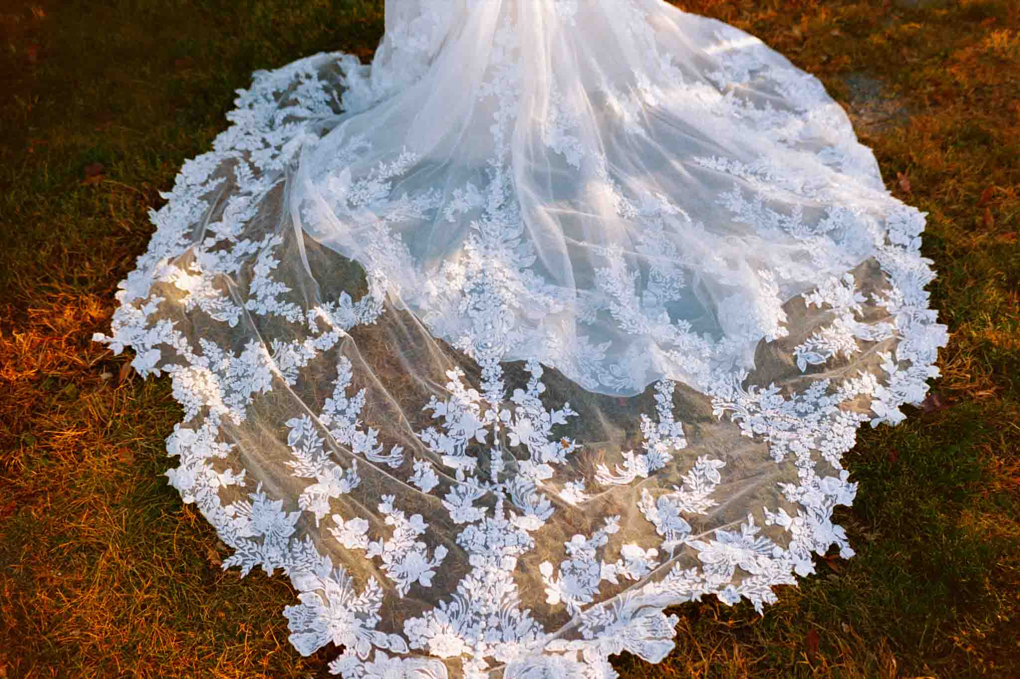 A close-up of a bridal gowns lace train spread over grass, featuring intricate floral patterns in white embroidery illuminated by warm sunlight, captured by a New Jersey film wedding photography specialist.