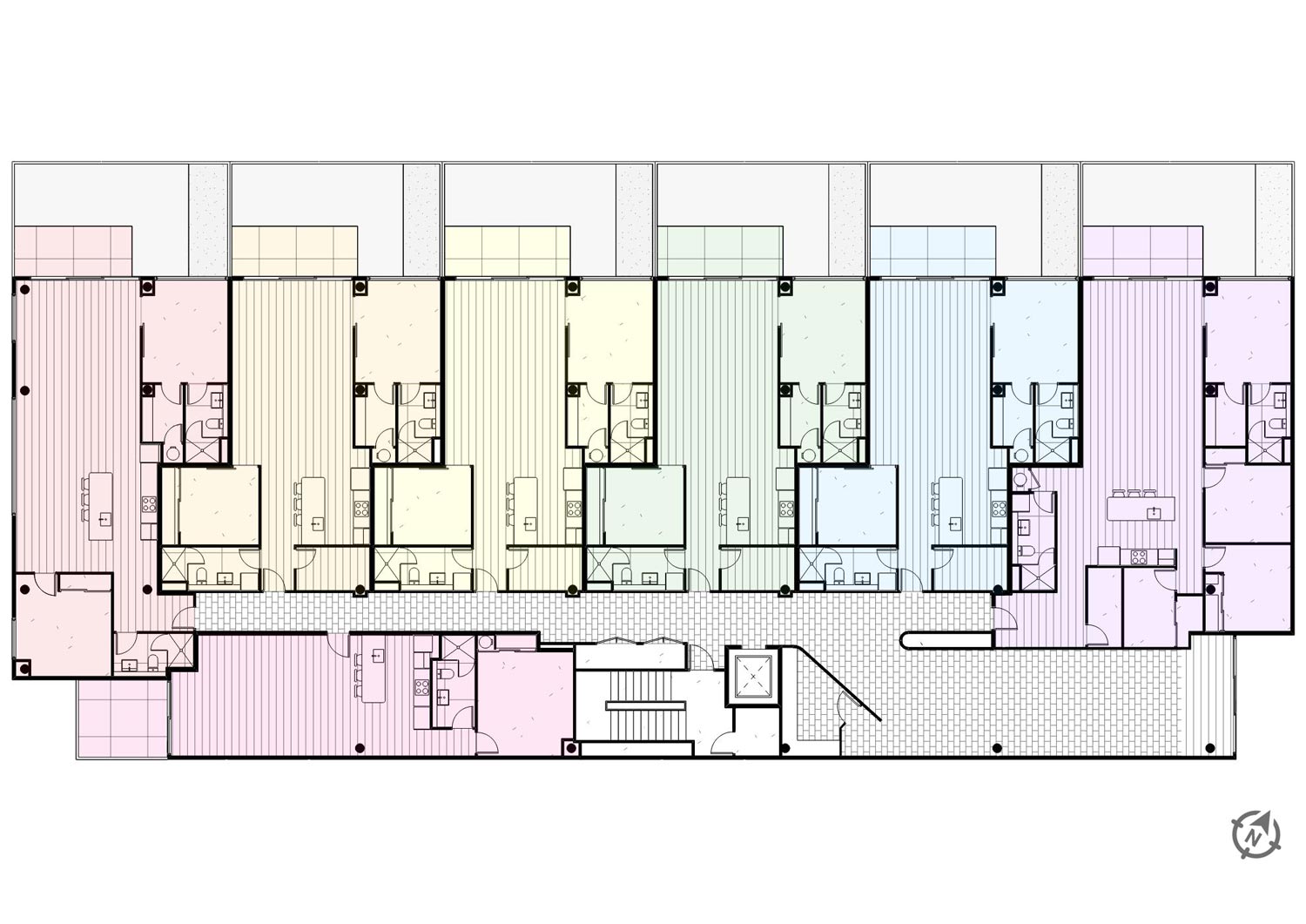 floorplan showing all apartments from the ground floor, the floor has 7 apartments and each one is showcased in a different colour