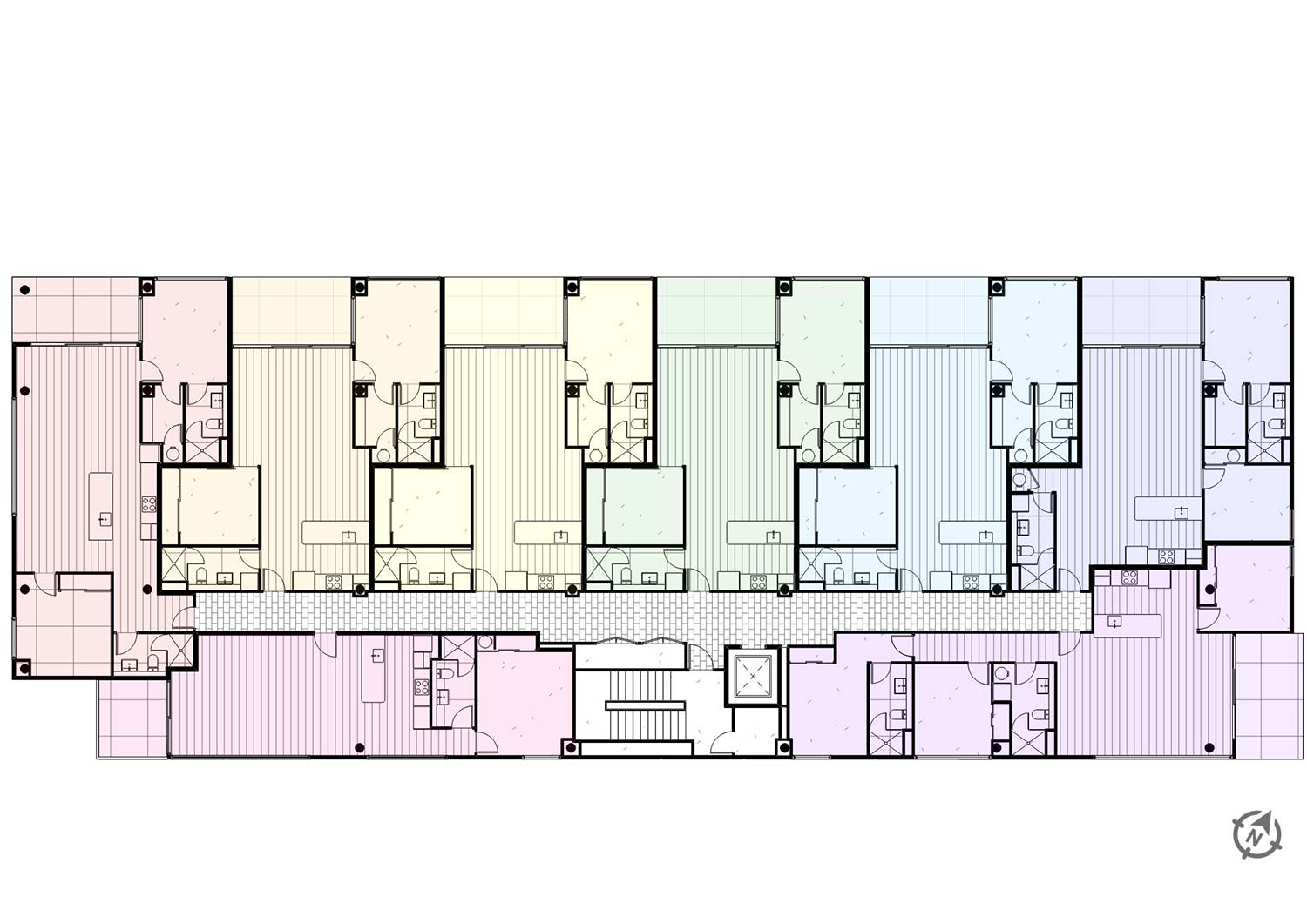 floorplan showing all apartments from the first floor, each apartment has a different colour