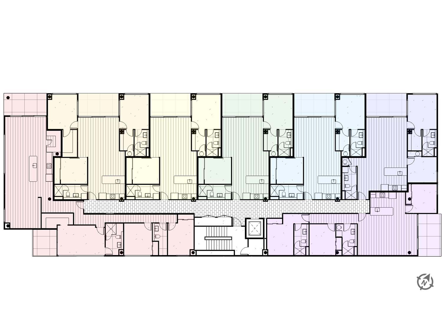 floorplan showing all apartments from the third floor, the floor has 7 apartments and each one is showcased in a different colour