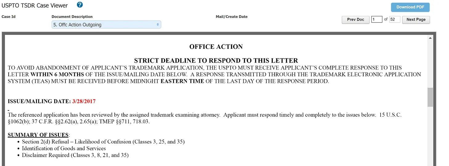 An Office Action is a letter from a trademark examiner from the USPTO stating the issues with your application.