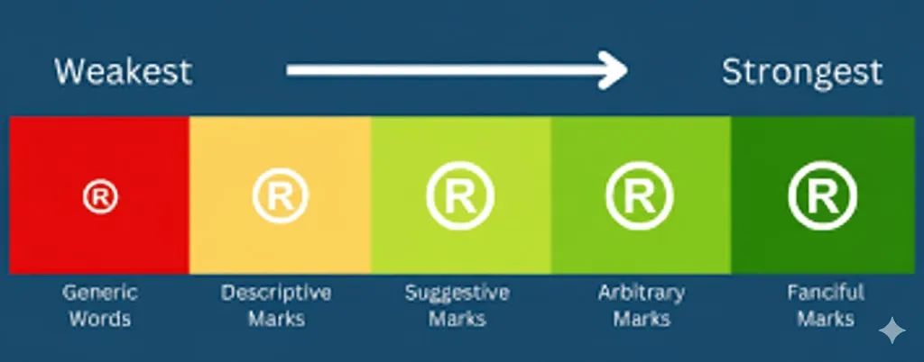 Tiers of distinctiveness for trademarks. From least likely to most likely to be registered.
