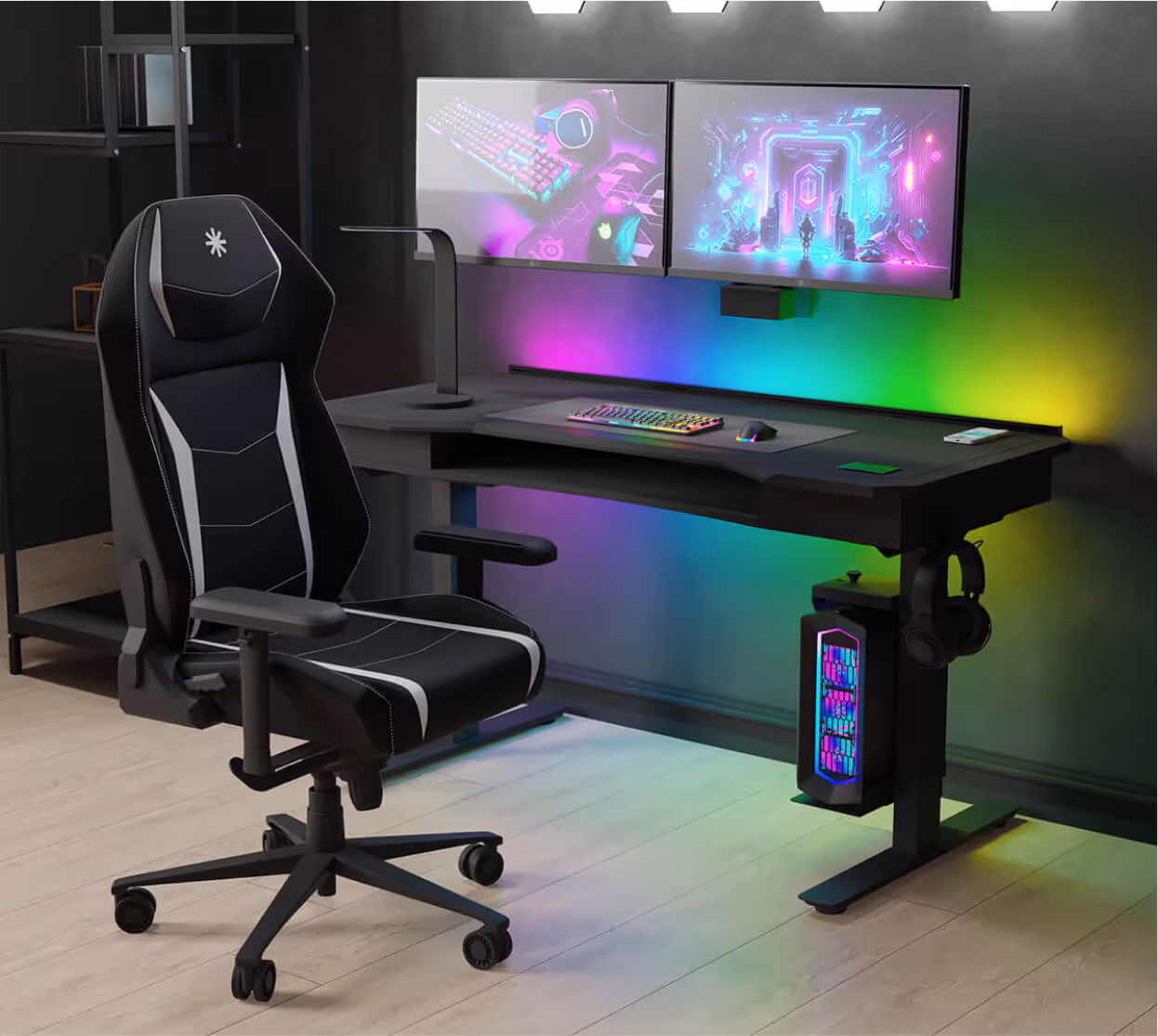 Gaming furniture bundle showing the Vortex black and white gaming chair with the Cyclone gaming desk