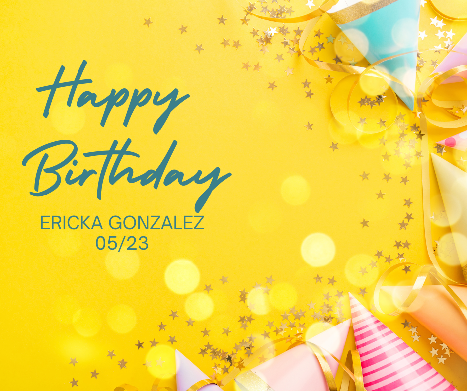 Yellow birthday greeting card with party hats and gold star confetti, saying Happy Birthday Ericka Gonzalez 05/23.