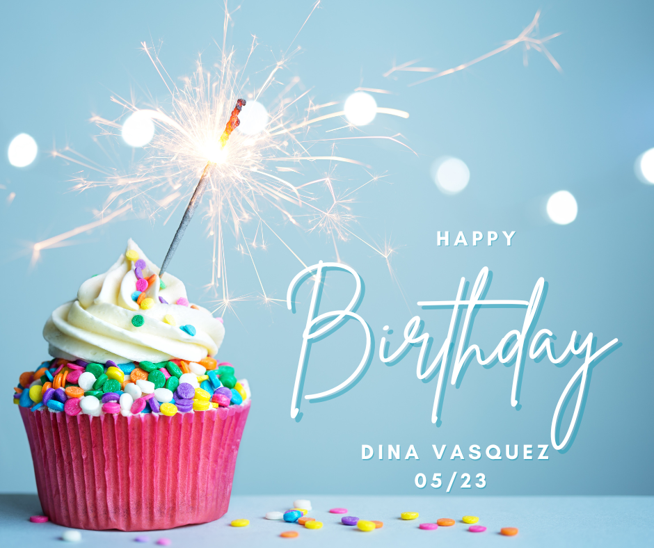 Pink cupcake with white frosting and colorful sprinkles topped with a lit sparkler, text saying Happy Birthday Dina Vasquez 05/23.