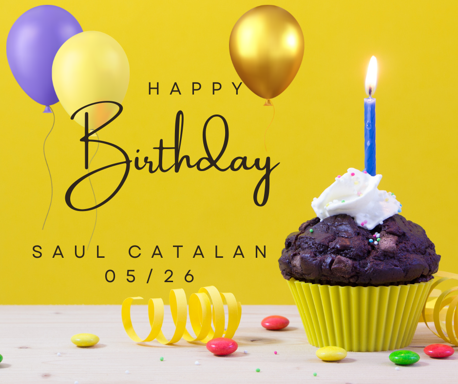Chocolate cupcake with white frosting and a lit blue candle, surrounded by colorful candies and yellow ribbon, with three balloons and 'Happy Birthday Saul Catalan 05/26' text on a yellow background.