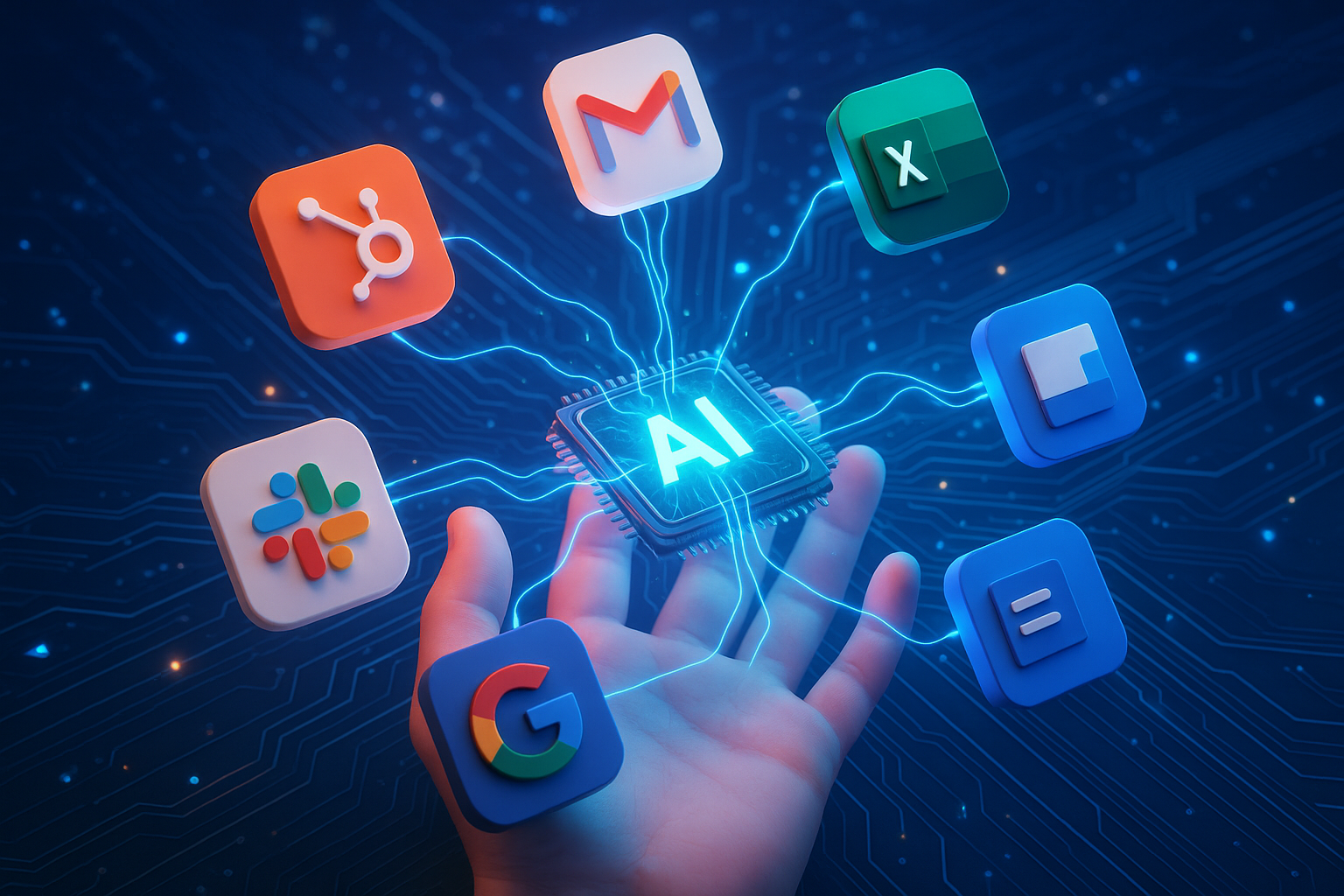 Hand holding various systems for AI Automation, lighting connection