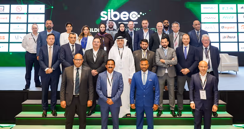 Group photo of SIBEC 2023 partners, sponsors, and exhibitors in Abu Dhabi.