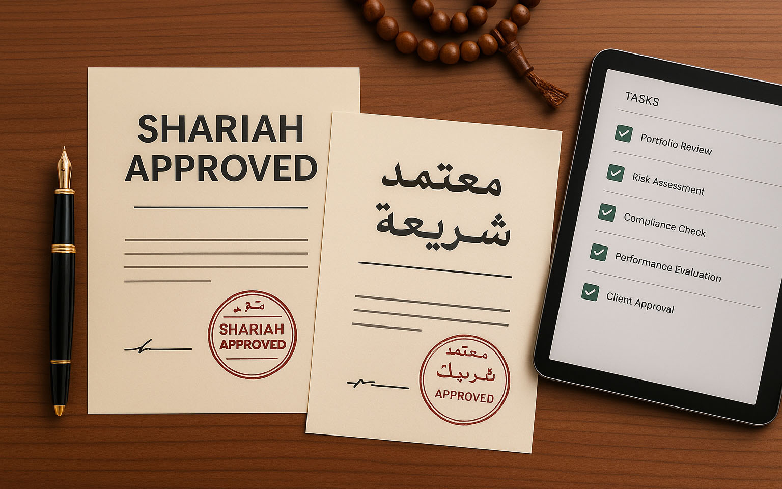 Two documents on a wooden surface labeled 'Shariah Approved' in English and Arabic, accompanied by a black fountain pen and a tablet displaying a completed task list.