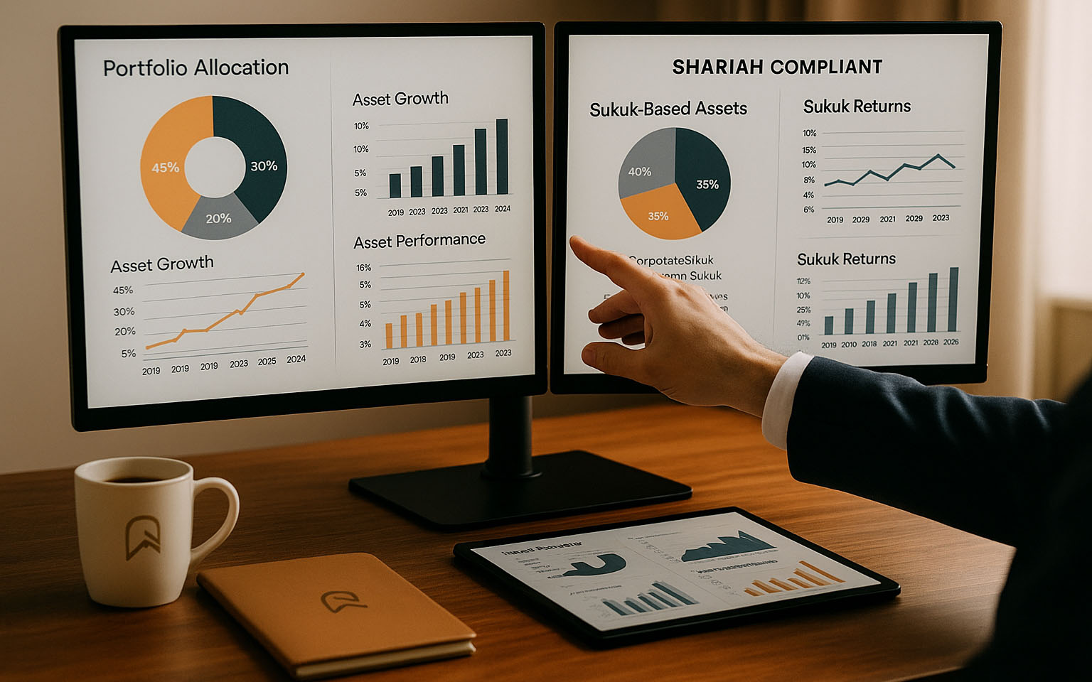 Two computer monitors on a desk displaying financial charts and graphs about portfolio allocation, asset growth, asset performance, and Shariah compliant sukuk assets and returns, with a hand pointing at the right screen.