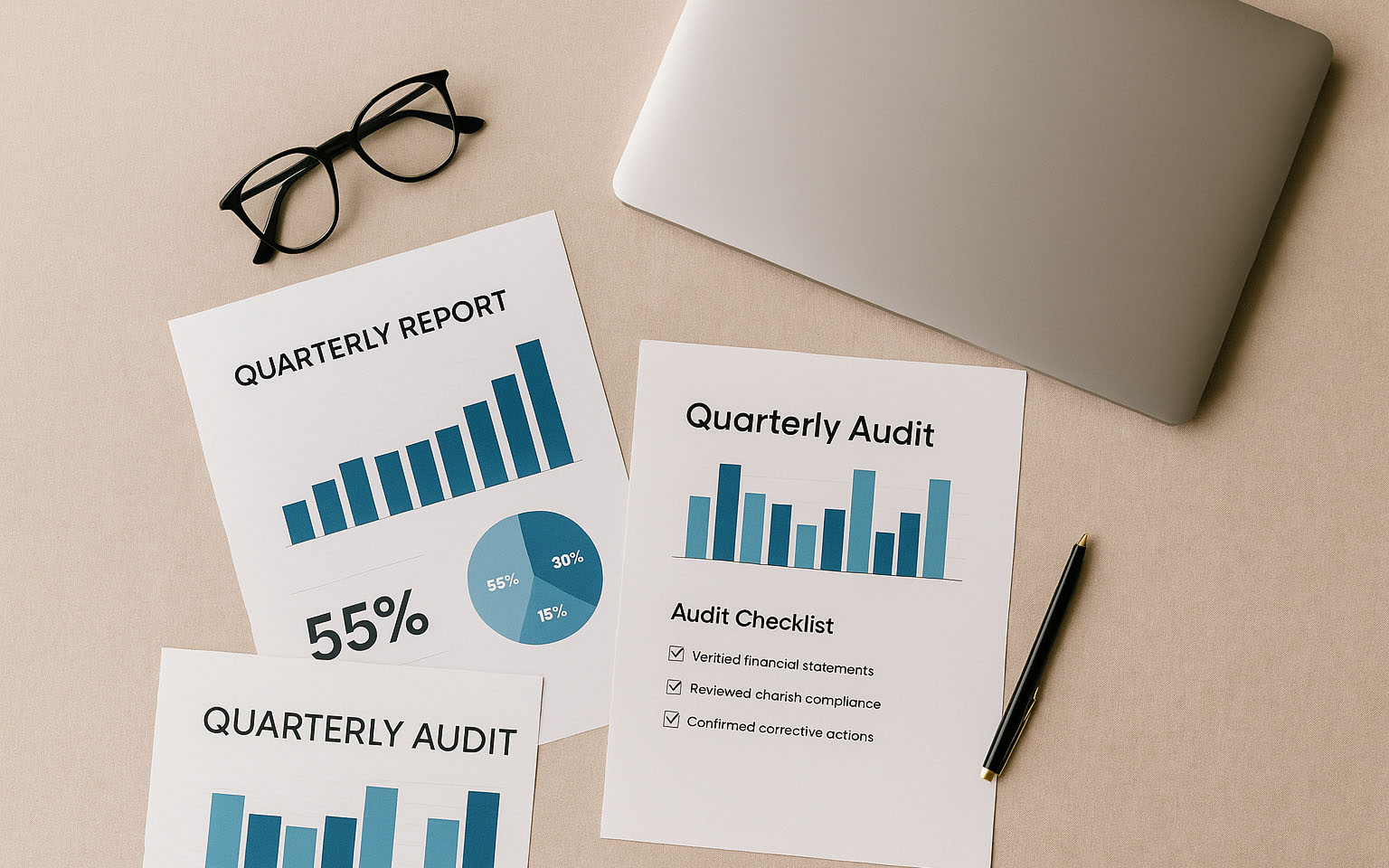 Desk with quarterly report and audit documents featuring bar graphs, pie chart, and checklist, alongside a pen, glasses, and laptop.