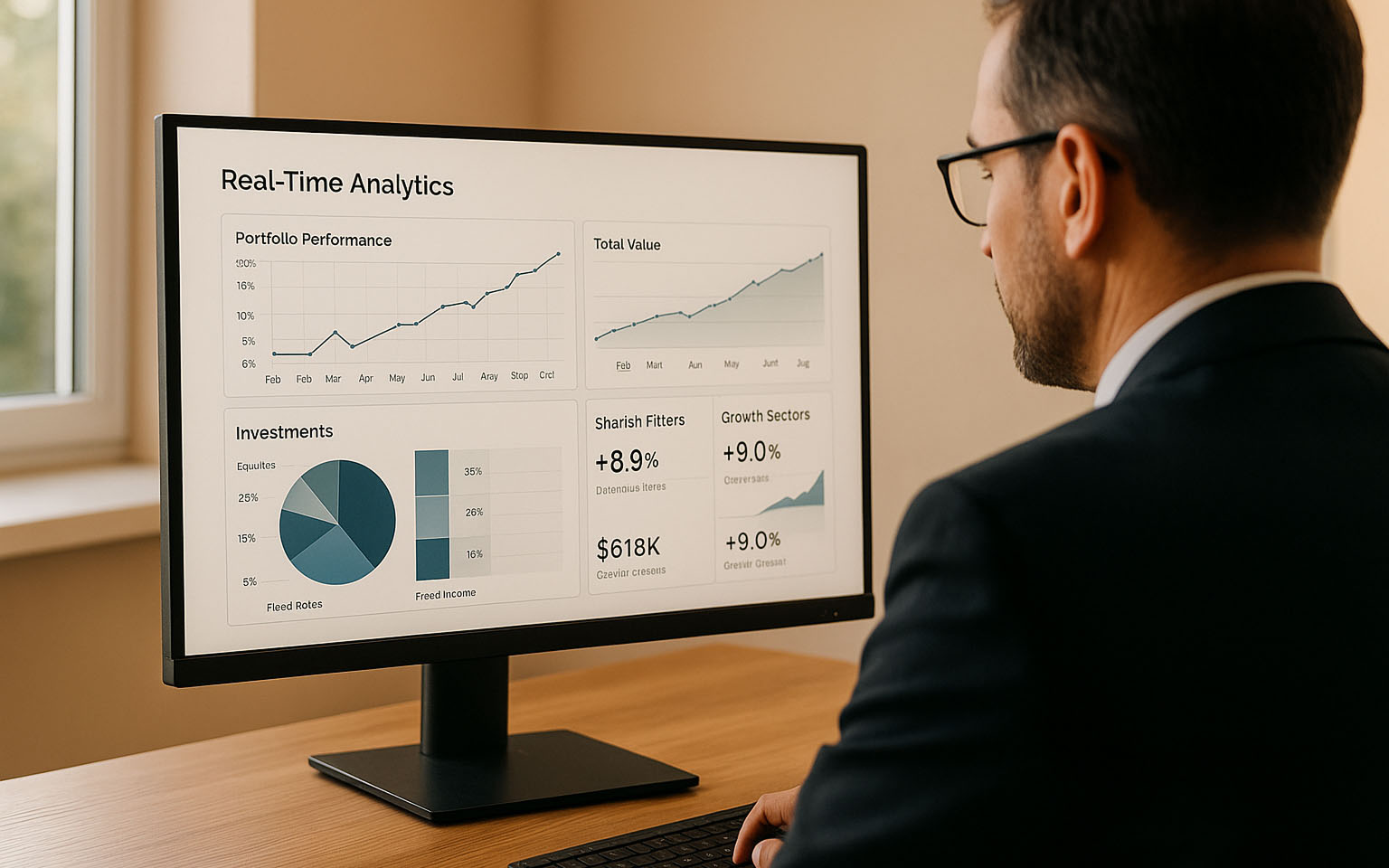 Man in suit viewing a monitor displaying real-time analytics, including portfolio performance, total value, investments pie chart, and growth sector data.