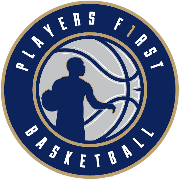 Logo with a silhouette of a basketball player holding a ball inside a basketball outline with text 'Players First Basketball' around it.