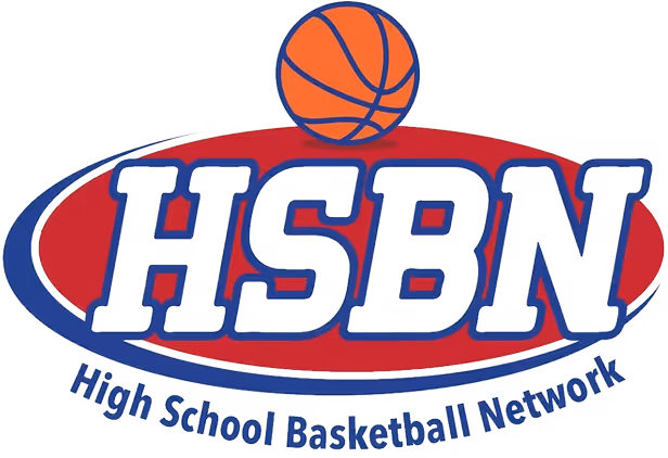 HSBN logo with an orange basketball above the white block letters HSBN on a red oval background, and 'High School Basketball Network' text below.