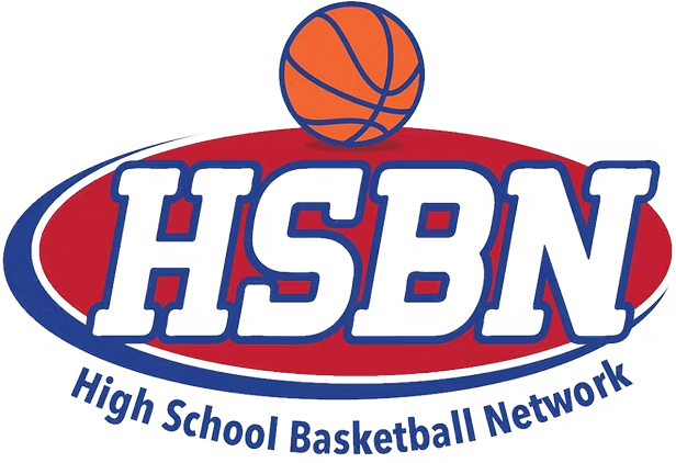 HSBN logo with an orange basketball above the white block letters HSBN on a red oval background, and 'High School Basketball Network' text below.