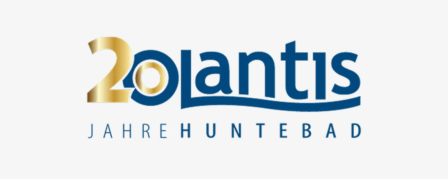 Logo von Olantis Huntebad mit goldener 20 für das 20-jährige Jubiläum und dem Schriftzug ‚Jahre Huntebad‘
