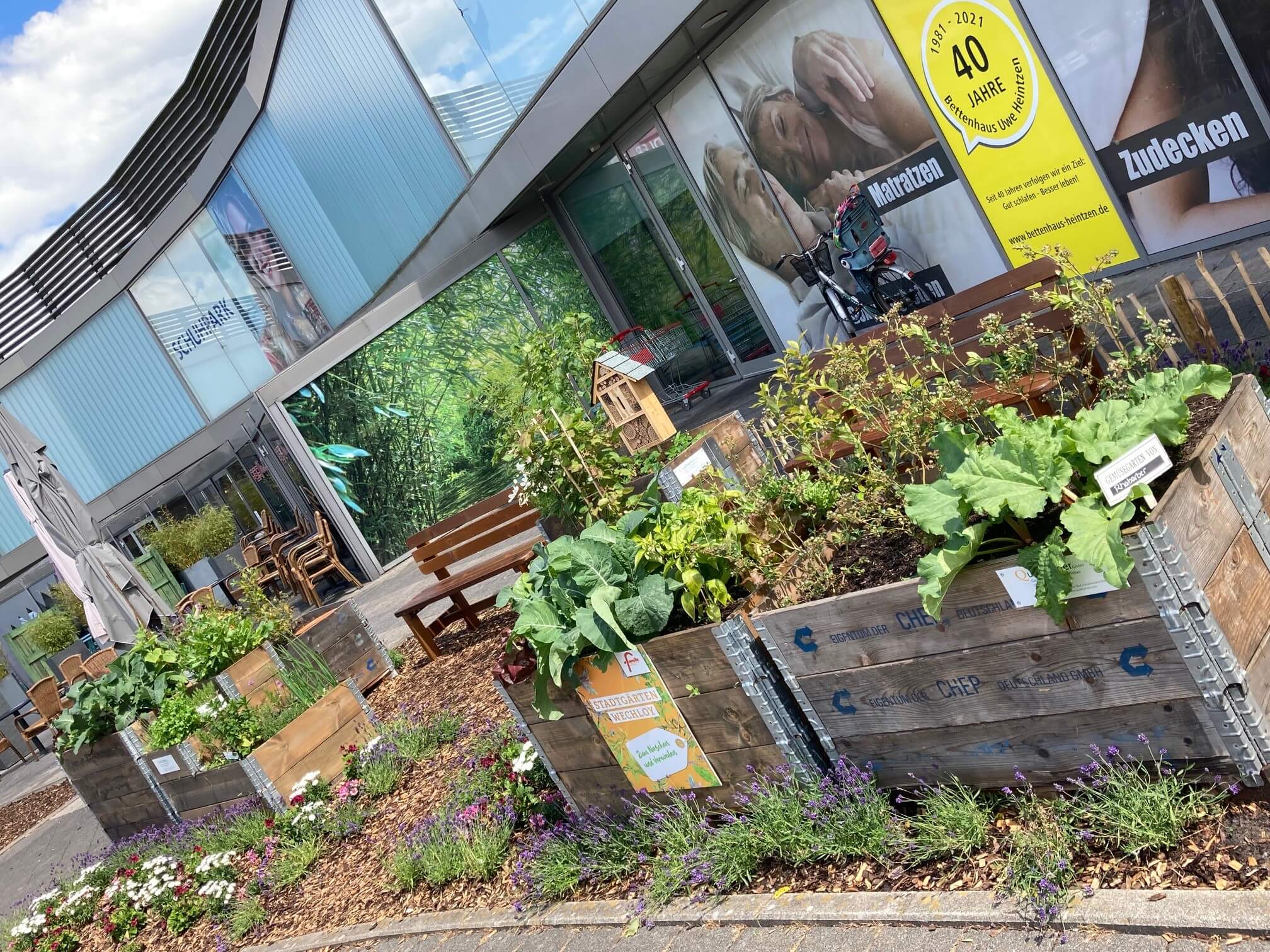 Stadtgarten vor dem famila Einkaufsland Wechloy mit Hochbeeten, Gemüse und Blumen als Teil eines nachhaltigen Stadtgartenprojekts.
