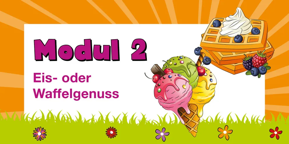 Eine Überschriftgrafik zeigt eine Waffel mit Blaubeeren und ein großes Eis mit verschiedenen Kugeln.