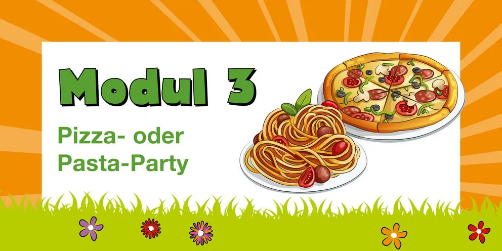 Eine Überschriftgrafik zeigt einen Teller mit Spaghetti und Tomatensoße und einen Teller mit einer Pizza mit Gemüse.