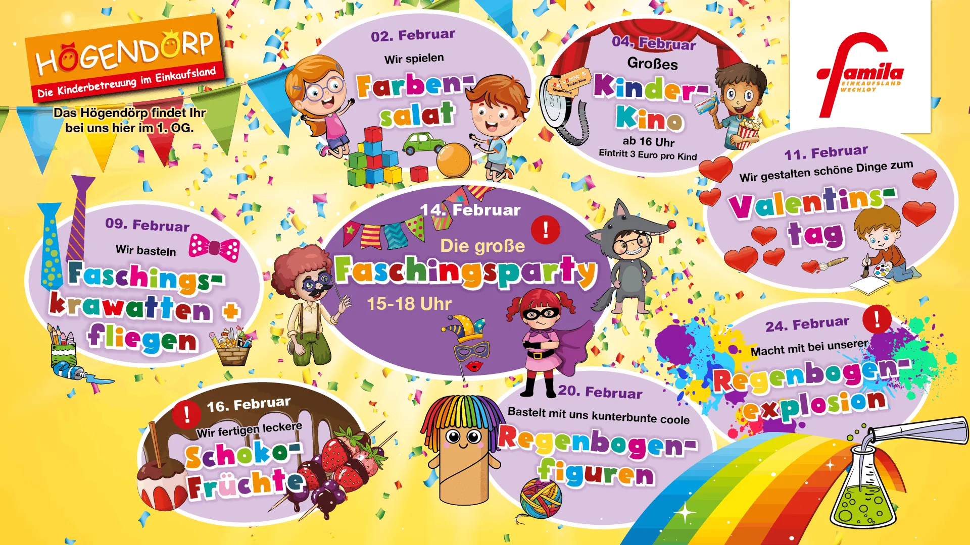 Bunte Aktionsplakate von Högendörp im famila Einkaufsland Wechloy mit Veranstaltungen für Kinder wie Basteln, Spielen, Tanzen und Geburtstagsfeier.
