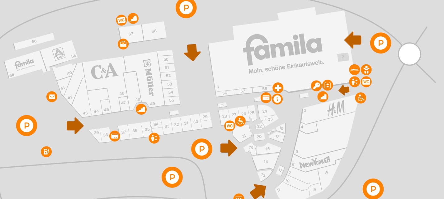 Centerplan des famila Einkaufslands Wechloy mit Shop-Lage, Parkplätzen und Servicepunkten