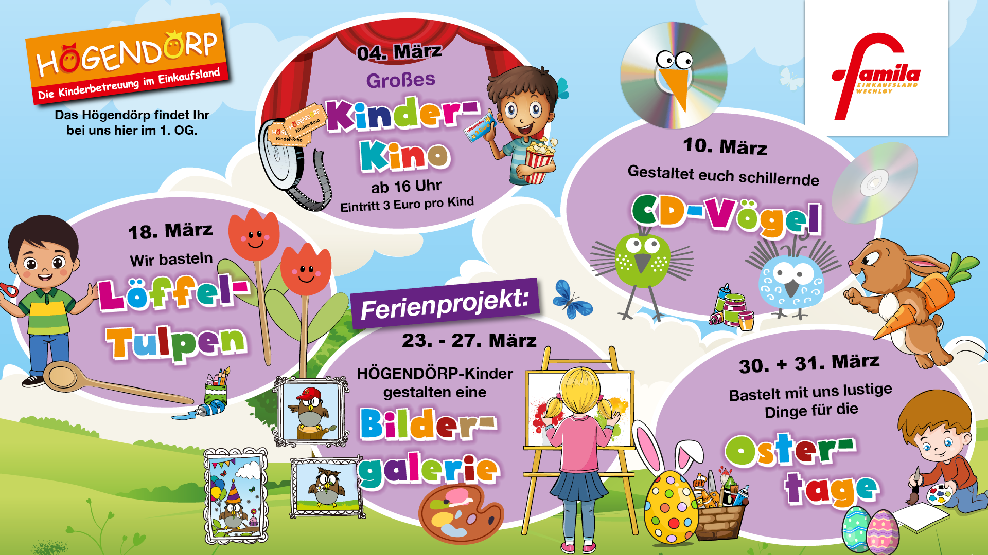 Bunte Aktionsplakate von Högendörp im famila Einkaufsland Wechloy mit Veranstaltungen für Kinder wie Basteln, Spielen, Tanzen und Geburtstagsfeier.