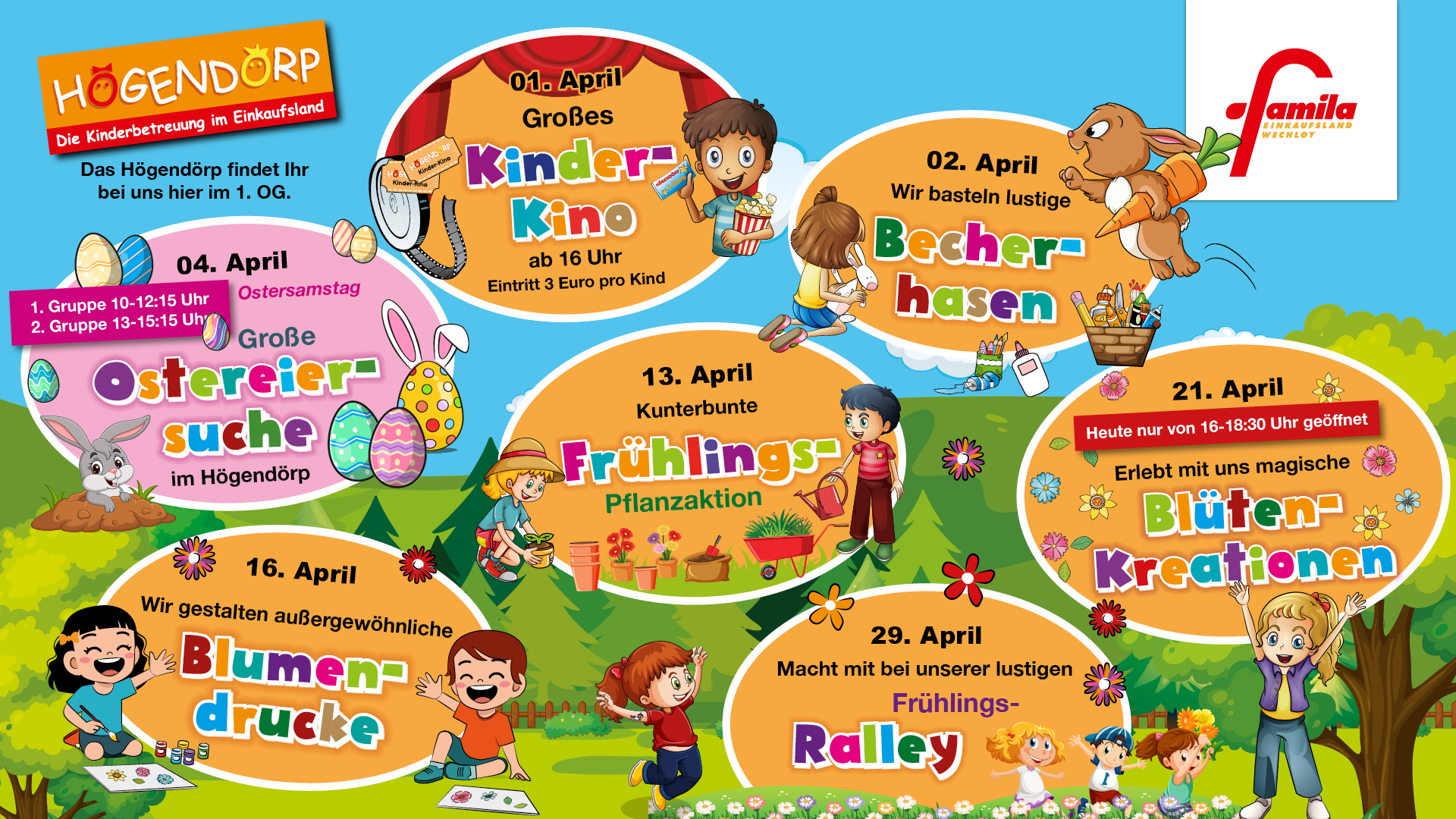 Bunte Aktionsplakate von Högendörp im famila Einkaufsland Wechloy mit Veranstaltungen für Kinder wie Basteln, Spielen, Tanzen und Geburtstagsfeier.