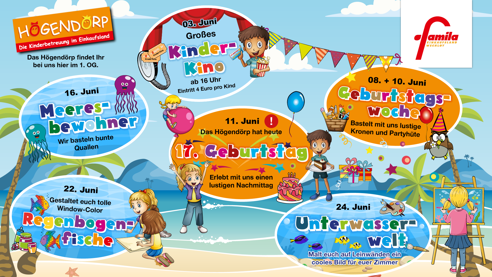Bunte Aktionsplakate von Högendörp im famila Einkaufsland Wechloy mit Veranstaltungen für Kinder wie Basteln, Spielen, Tanzen und Geburtstagsfeier.