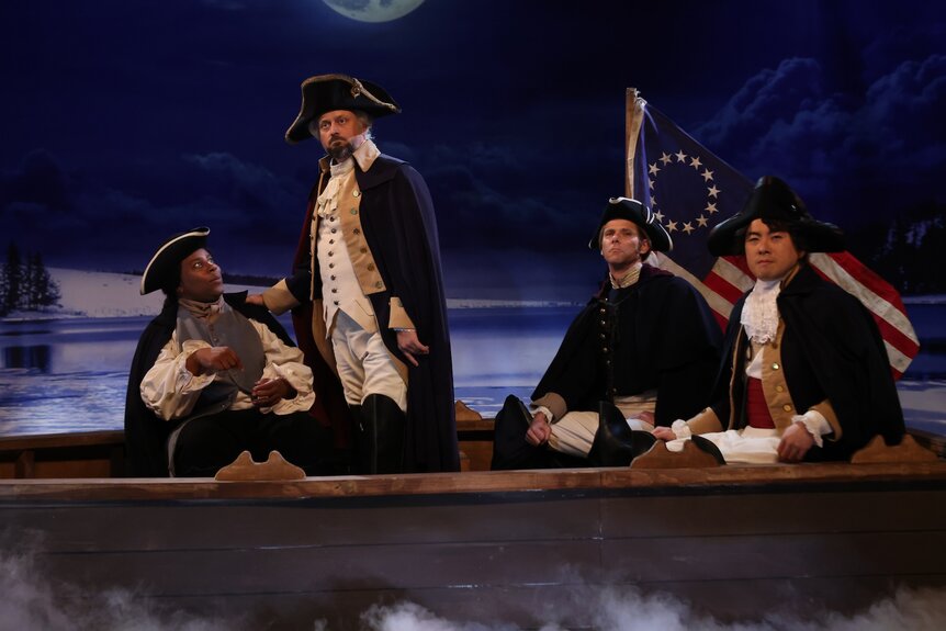 SNL Host Nate Bargatze, Bowen Yang, Mikey Day, and Kenan Thompson during the "Washington's Dream 2" sketch on Saturday Night Live Season 50 Episode 2 on Saturday, October 5, 2024  Photo: Will Heath/NBC