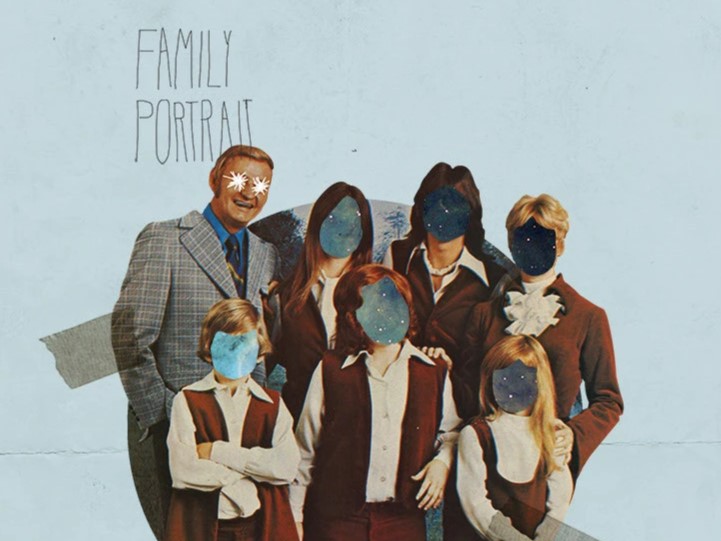 A digitally altered vintage-style family portrait showing seven people dressed in retro clothing. Their faces are replaced with images of the night sky filled with stars, and the man on the left has glowing eyes shaped like white stars. The background is pale blue with the handwritten text “FAMILY PORTRAIT” at the top.