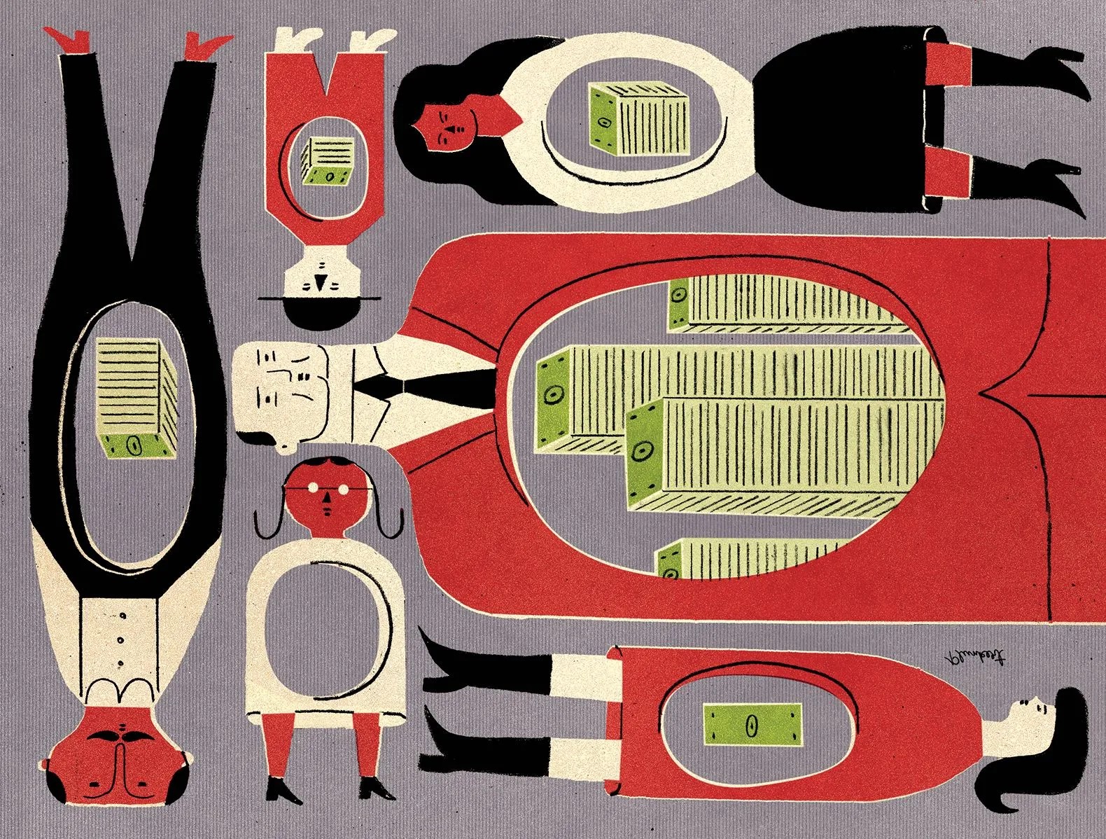 An abstract illustration showing six stylized human figures in red, black, and beige tones. Each person has an oval-shaped opening in their torso revealing stacks or single bills of money inside, symbolizing greed or internalized capitalism. The central, largest figure has tall stacks of cash in its chest, while the surrounding smaller figures each contain just one or a few bills. The artwork conveys themes of economic inequality and the influence of money on human identity.